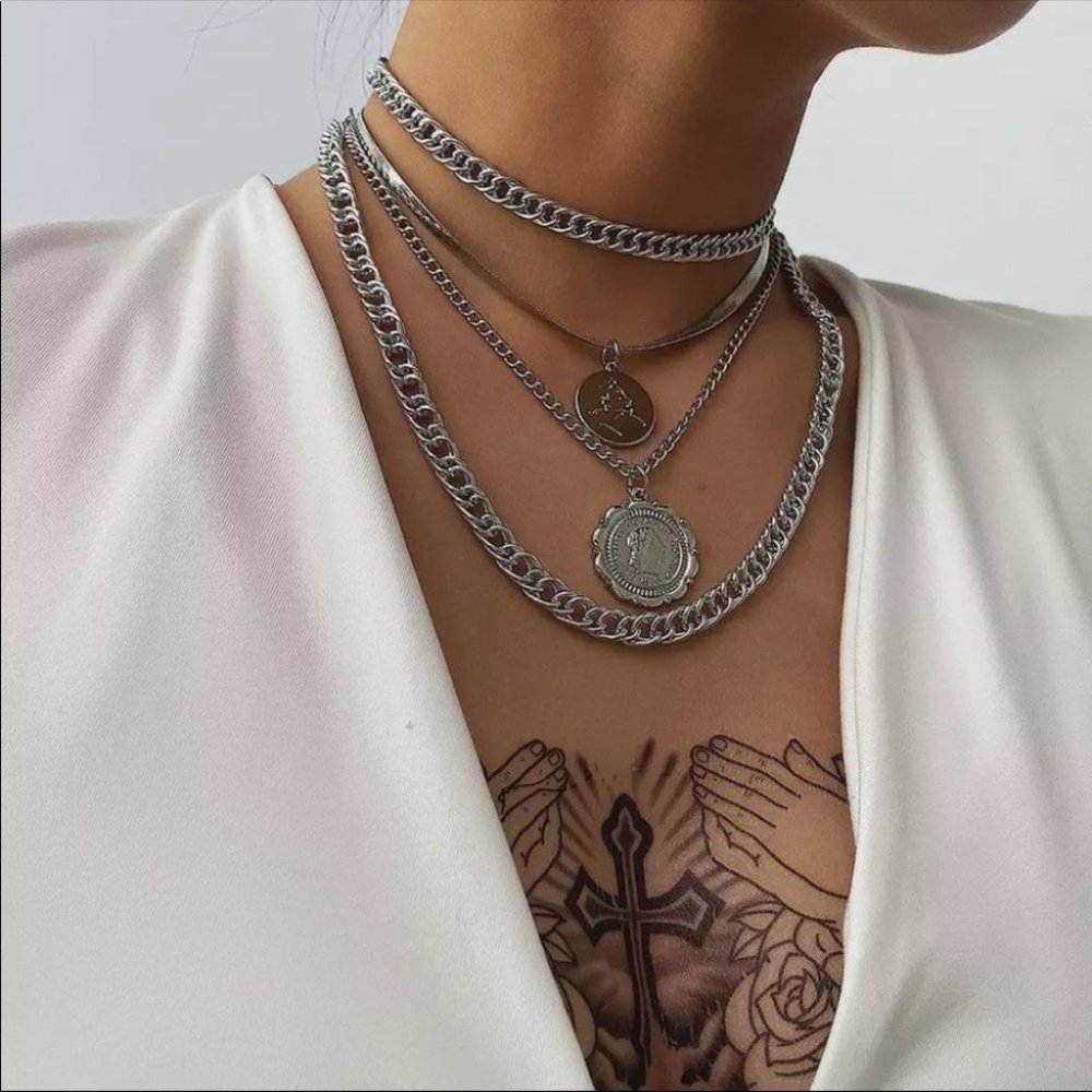 Multilevel SilverHead Coin Thick Chain Necklace